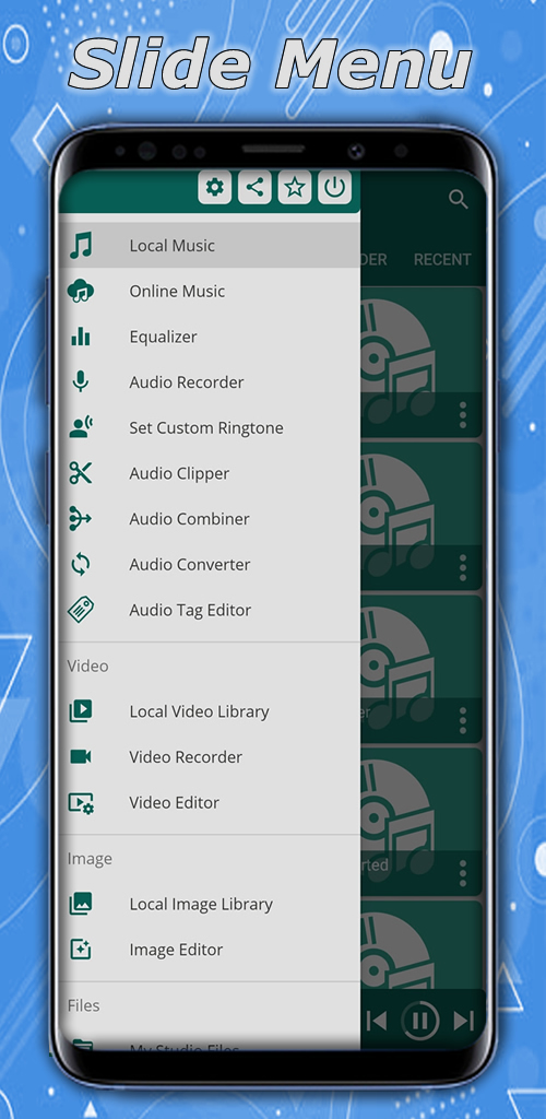 Slide Menu = Music Search, Music Player , Audio Clipper , Audio Combiner , Audio Converter   and more features here