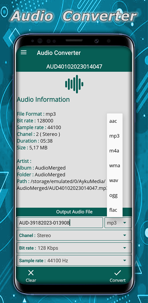 Audio Converter  = Audio File Format  Conver to : AAC , MP3, M4a, WMA, WAV, OGG and FLAC  Converter 