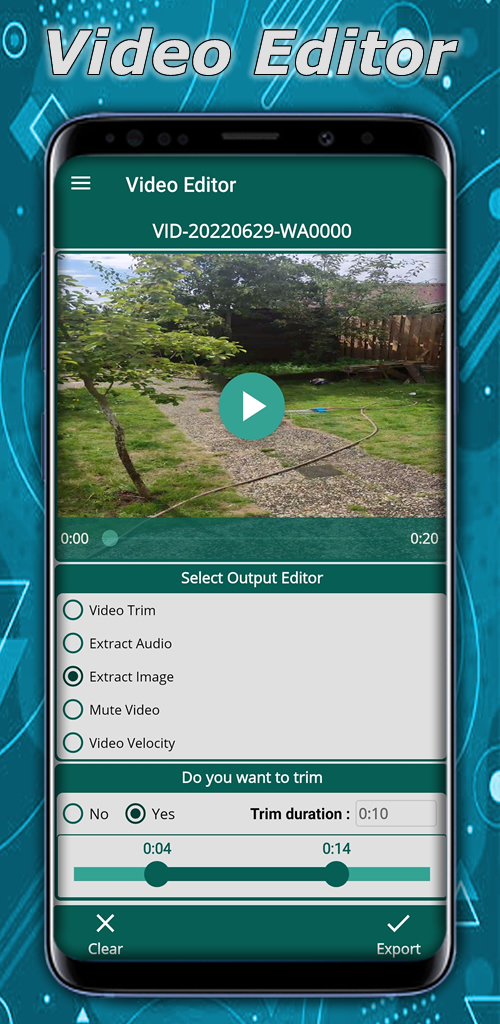 Video Editor = Video Trim , Video Extract Audio, Video Extract Image, Video Mute And Video Velocity It has features